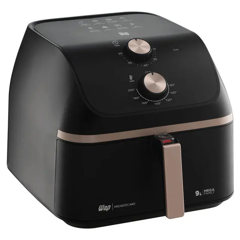 Air fryer WAP Mega Family WAFM9 preta com detalhes cobre, de frente